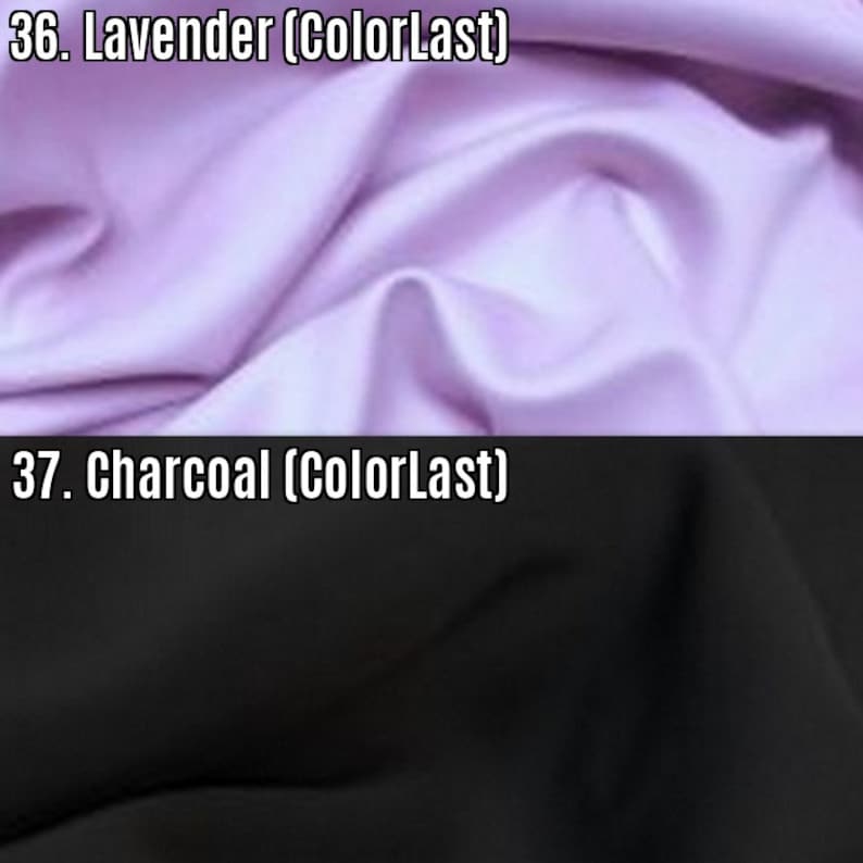 May include: Two fabric swatches, one lavender and one charcoal. The swatches are folded and show the texture of the fabric. The text "36. Lavender (ColorLast)" is above the lavender swatch and the text "37. Charcoal (ColorLast)" is above the charcoal swatch.