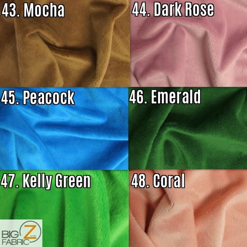 K&ouml;nnte beinhalten: Nahaufnahme von Stoffmustern in verschiedenen Farben. Die Farben umfassen Mocha, Dark Rose, Peacock, Emerald, Kelly Green und Coral. Der Stoff wirkt weich und pl&uuml;schig. Das Logo von Big Z Fabric ist unten links zu sehen.