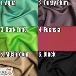 May include: Six fabric swatches in different colours: aqua, dusty plum, dark lime, fuchsia, mushroom, and black. The swatches are arranged in two rows of three. Each swatch has a number and a colour name printed on it.