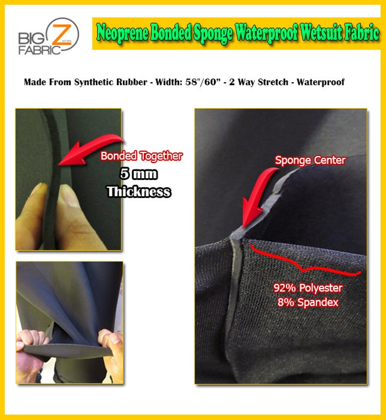 BIGZFABRIC\u00ae Neoprene Bonded Sponge Waterproof Wetsuit Fabric BLACK 5mm 5860 Width By The Foot Koozies Heat Insulator Closed Cell Foam