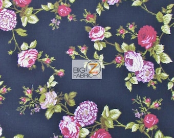 Poly Cotton Printed Fabric Daffodils Flower - BLACK - 58"/59" Width Sold By The Yard (P267)
