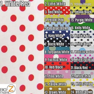 May include: A collection of 25 fabric swatches with different polka dot patterns. Each swatch features a different color combination, such as white and red, lime and white, yellow and purple, and more. The swatches are labeled with numbers and the corresponding color combinations.