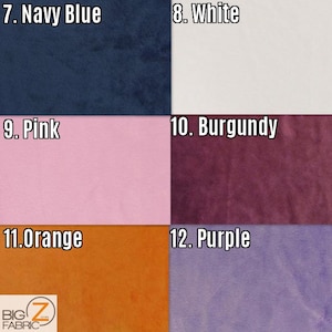K&ouml;nnte beinhalten: Eine Stoffmusteranzeige mit sechs Farbmustern: Marineblau, Wei&szlig;, Rosa, Burgunderrot, Orange und Lila. Jedes Muster ist mit seinem jeweiligen Farbnamen beschriftet. Das Logo "BIG Z FABRIC" ist unten sichtbar.