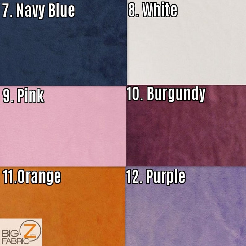 K&ouml;nnte beinhalten: Eine Stoffmusteranzeige mit sechs Farbmustern: Marineblau, Wei&szlig;, Rosa, Burgunderrot, Orange und Lila. Jedes Muster ist mit seinem jeweiligen Farbnamen beschriftet. Das Logo "BIG Z FABRIC" ist unten sichtbar.