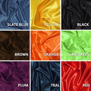 May include: Nine swatches of satin fabric in various colors, including slate blue, yellow, black, brown, orange, lime green, plum, teal, and red. Each swatch has the color name printed in white.