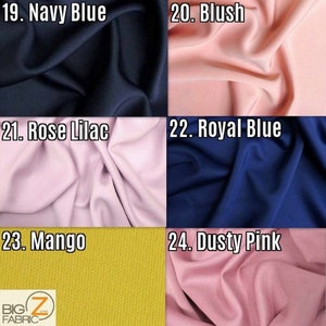 May include: Swatch card displaying fabric samples in a range of colours, including navy blue, blush, rose lilac, royal blue, mango, and dusty pink. The card is labelled with the colour names and numbers 19-24.