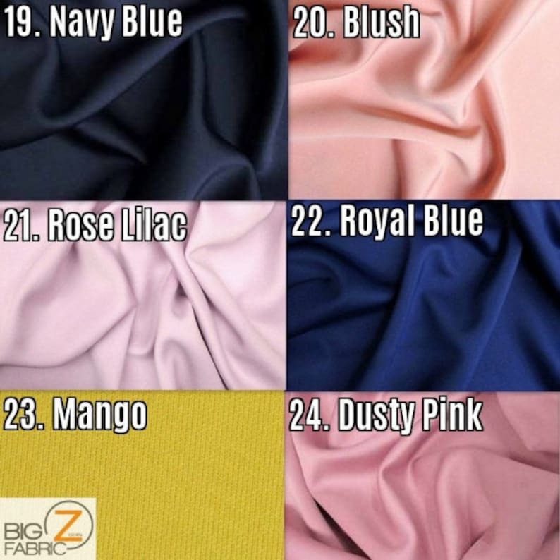 May include: Swatch card displaying fabric samples in a range of colours, including navy blue, blush, rose lilac, royal blue, mango, and dusty pink. The card is labelled with the colour names and numbers 19-24.