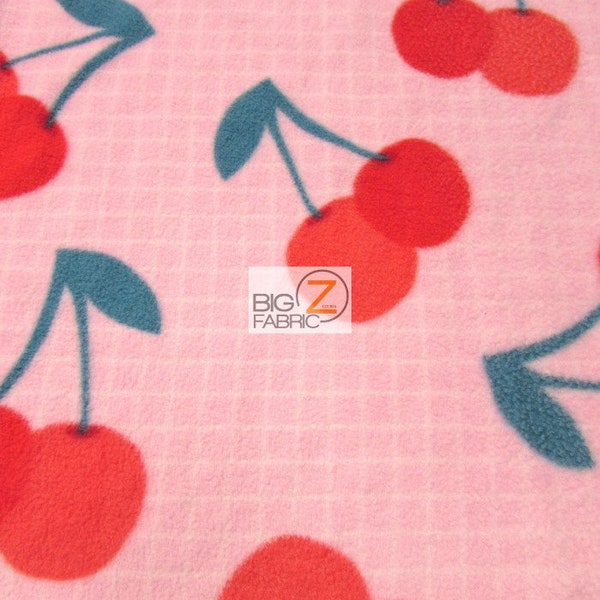 Fleece Printed Fabric - Cherry Fruit Toss Pink - Sold By The Yard Warm Blanket Decor Anti-Pill Clothing Sweaters