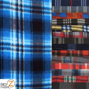May include: A collection of 16 different plaid fleece fabrics in various colours, including blue, red, black, white, and grey. The fabrics are arranged in rows, with each row featuring a different plaid pattern.