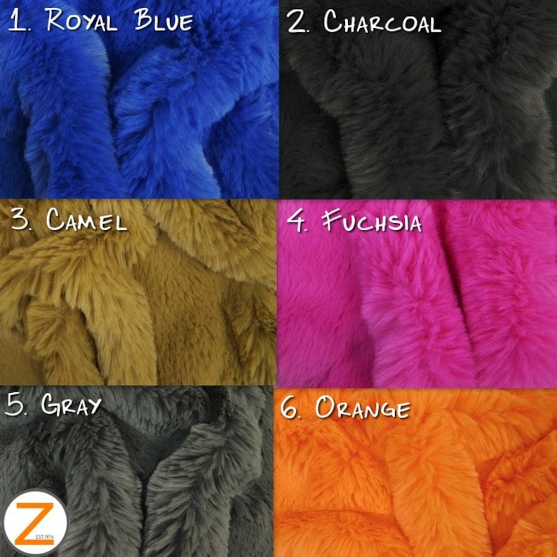 May include: Six fabric swatches in different colors: royal blue, charcoal, camel, fuchsia, gray, and orange. The swatches are arranged in two rows of three. Each swatch has a number and color name printed above it.