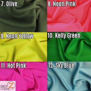 May include: A close-up of six fabric swatches in different colours. The swatches are labelled with numbers and colour names: 7. Olive, 8. Neon Pink, 9. Neon Yellow, 10. Kelly Green, 11. Hot Pink, and 12. Sky Blue.