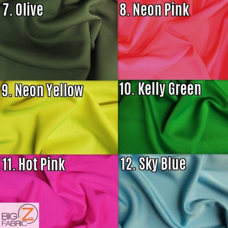 May include: A close-up of six fabric swatches in different colours. The swatches are labelled with numbers and colour names: 7. Olive, 8. Neon Pink, 9. Neon Yellow, 10. Kelly Green, 11. Hot Pink, and 12. Sky Blue.