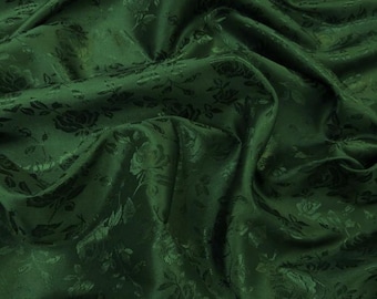 Tessuto satinato jacquard con motivo floreale a rose - VERDE CACCIA - Larghezza 60" Venduto tagliato su misura