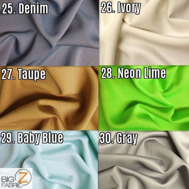 May include: A fabric swatch colour chart with 6 different colours: denim, ivory, taupe, neon lime, baby blue, and grey. The swatches are labelled with the colour name and a number.