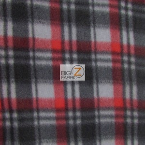 May include: Red, black, and gray plaid fleece fabric. The fabric has a soft, fuzzy texture.