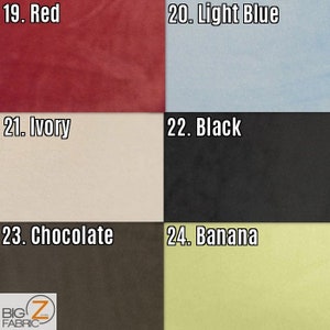 K&ouml;nnte beinhalten: Eine Farbkarte mit Stoffmustern in verschiedenen Farbt&ouml;nen. Die Muster sind mit Nummern und Farbbezeichnungen versehen: Rot, Hellblau, Elfenbein, Schwarz, Schokolade und Banane. Das Logo "BIG Z FABRIC" befindet sich unten links.