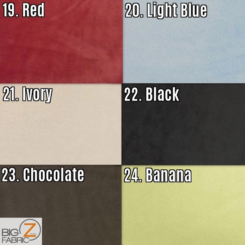 K&ouml;nnte beinhalten: Eine Farbkarte mit Stoffmustern in verschiedenen Farbt&ouml;nen. Die Muster sind mit Nummern und Farbbezeichnungen versehen: Rot, Hellblau, Elfenbein, Schwarz, Schokolade und Banane. Das Logo "BIG Z FABRIC" befindet sich unten links.