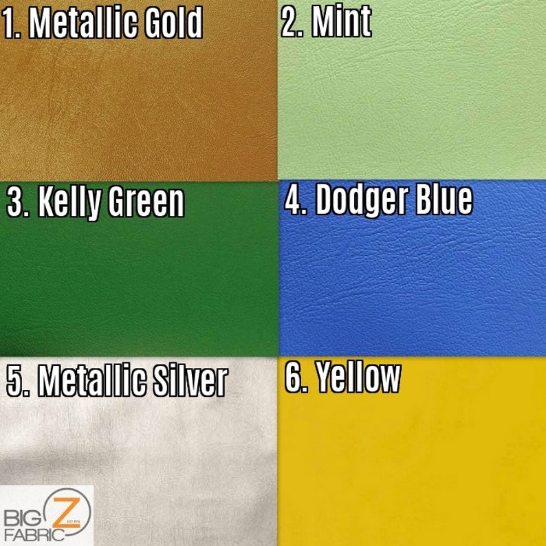 May include: Six fabric swatches in different colors, labeled with numbers and names: 1. Metallic Gold, 2. Mint, 3. Kelly Green, 4. Dodger Blue, 5. Metallic Silver, 6. Yellow.