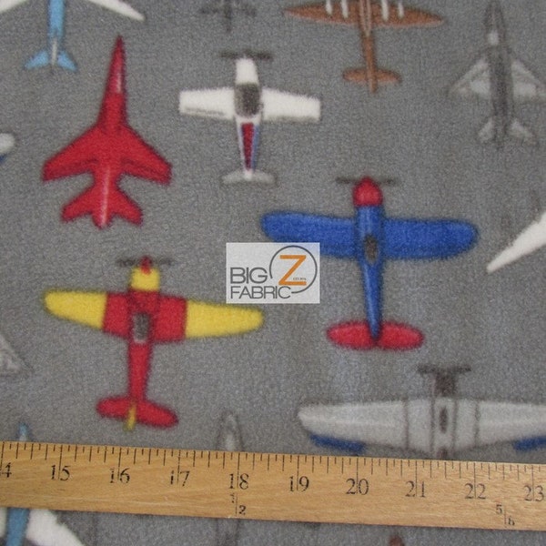 Fleece Printed Fabric - Striking Aces Airplanes Gray - Sold By The Yard Warm Blanket Decor Anti-Pill Clothing Sweaters