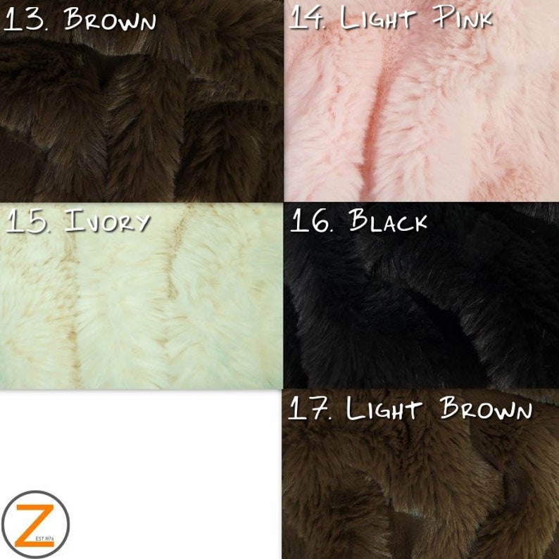 May include: Close-up of five different faux fur fabric swatches in brown, light pink, ivory, black, and light brown. The swatches are labeled with numbers 13 through 17.