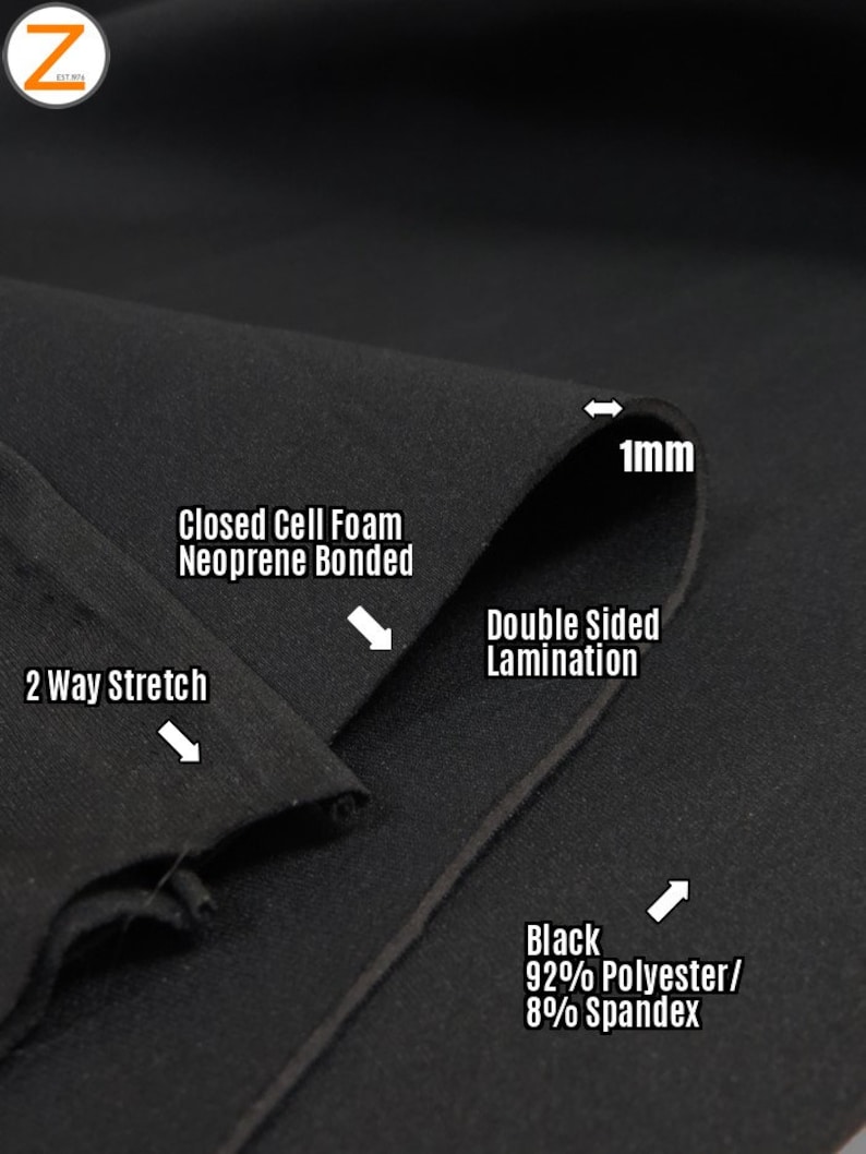 Puede incluir: Tela de neopreno negra con estiramiento bidireccional y una espuma de celda cerrada de 1 mm de grosor unida a un lado. La tela est&aacute; laminada de doble cara y est&aacute; hecha de 92% poli&eacute;ster y 8% spandex.
