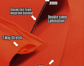 May include: Red 2-way stretch fabric with a closed cell foam neoprene bonded backing. The fabric is laminated on both sides and has a 3 mm thickness. The fabric is 92% polyester and 8% spandex.