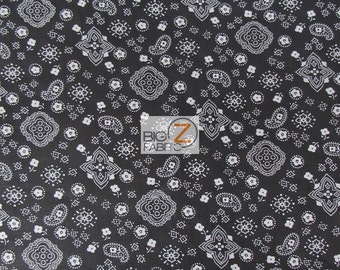 Poly Cotton Printed Fabric Paisley Bandanna - BLACK - 58"/59" Width Sold By The Yard
