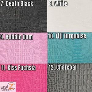 Op de afbeelding: Krokodil ge&euml;mbosseerde stofstalen in verschillende kleuren, waaronder zwart, wit, roze, turquoise, fuchsia en antraciet. De stalen zijn gelabeld met nummers en kleurennamen.