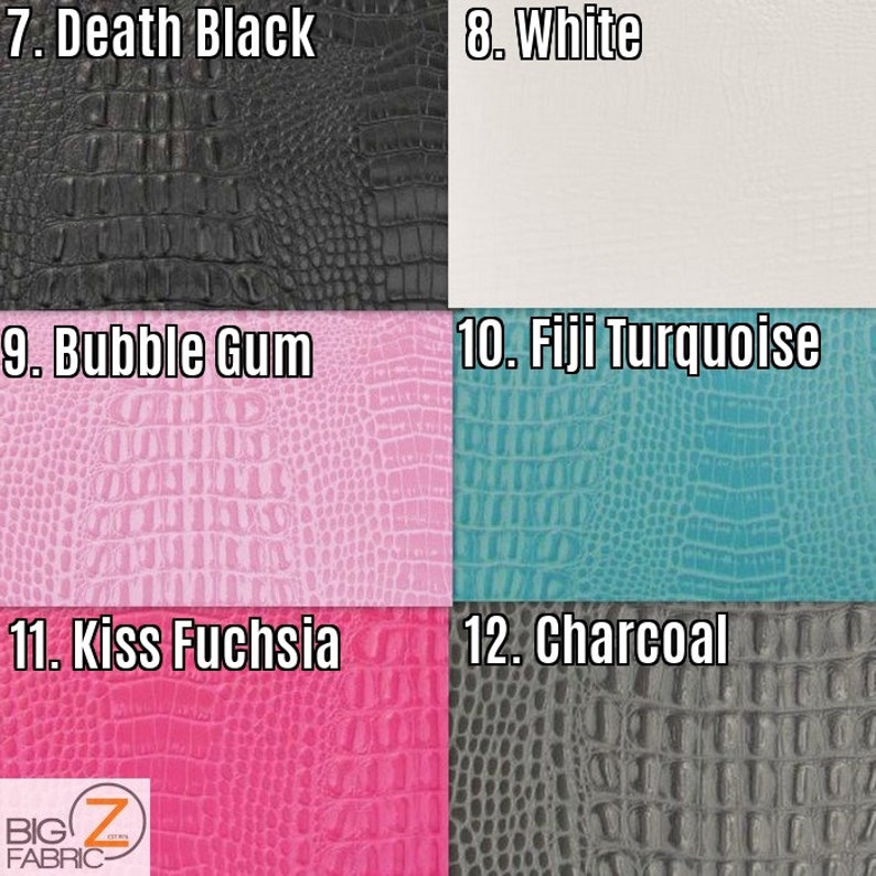 Op de afbeelding: Krokodil ge&euml;mbosseerde stofstalen in verschillende kleuren, waaronder zwart, wit, roze, turquoise, fuchsia en antraciet. De stalen zijn gelabeld met nummers en kleurennamen.