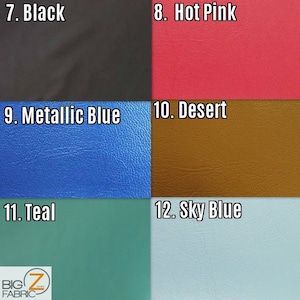 May include: A swatch card showing 6 different colors of fabric. The colors are black, hot pink, metallic blue, desert, teal, and sky blue.