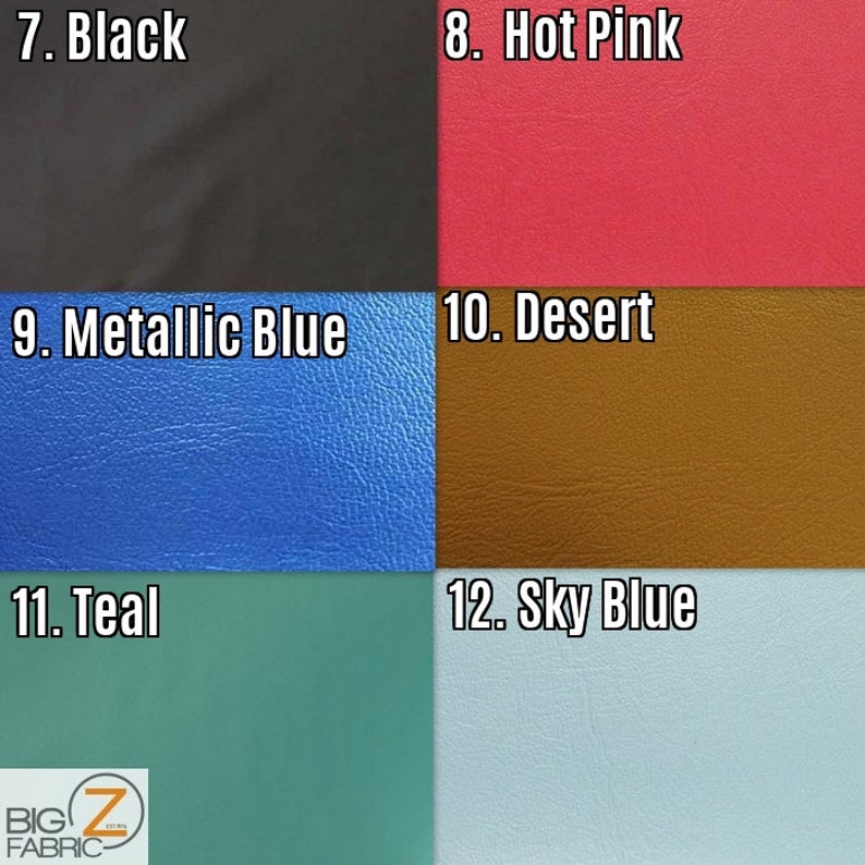 May include: A swatch card showing 6 different colors of fabric. The colors are black, hot pink, metallic blue, desert, teal, and sky blue.