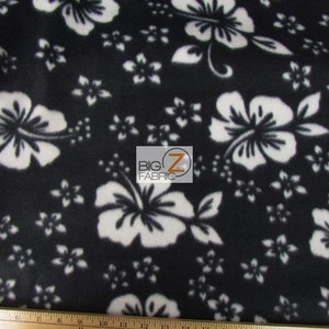 Hawaiian Flower Fleece Stof - ZWART - Verkocht op maat 60&quot; Breedte (241)