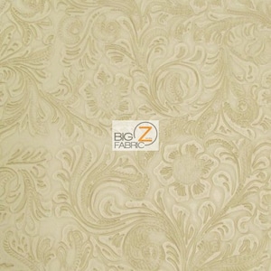May include: Beige embossed fabric with a floral pattern. The fabric has a raised, textured design that resembles a paisley pattern.