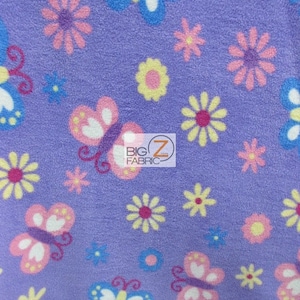Fleece Printed Fabric - Floral Butterfly Sunrise Purple - Sold By The Yard Warm Blanket Decor Anti-Pill Clothing Sweaters