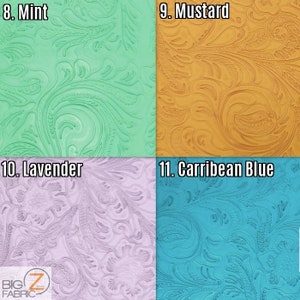 May include: Four fabric swatches with a paisley pattern in different colors: mint green, mustard yellow, lavender, and Caribbean blue. The swatches are labeled with numbers 8, 9, 10, and 11, and the color names.