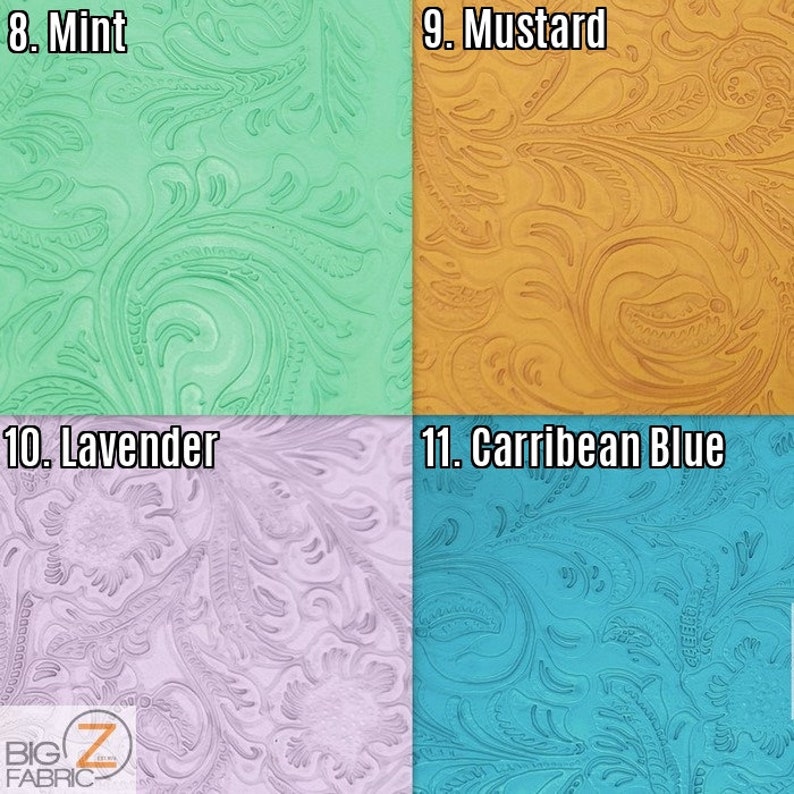 May include: Four fabric swatches with a paisley pattern in different colors: mint green, mustard yellow, lavender, and Caribbean blue. The swatches are labeled with numbers 8, 9, 10, and 11, and the color names.
