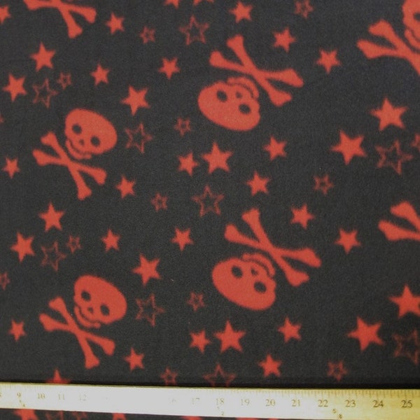 Fleece Printed Fabric Skull Bones - Black/Red Stars & Skulls - Sold By The Yard 60" Width (224)