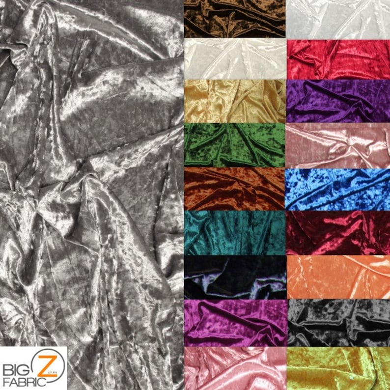 K&ouml;nnte beinhalten: Eine Sammlung von 18 Stoffproben aus zerknittertem Samt in verschiedenen Farben, darunter Silber, Wei&szlig;, Rot, Lila, Gr&uuml;n, Braun, Blau, T&uuml;rkis, Schwarz, Rosa und Orange. Der Stoff hat eine strukturierte, zerknitterte Optik.