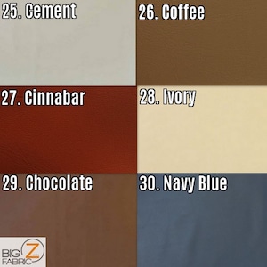 May include: A close-up of six fabric swatches in different colors. The swatches are labeled with numbers and names, including Cement, Coffee, Cinnabar, Ivory, Chocolate, and Navy Blue.