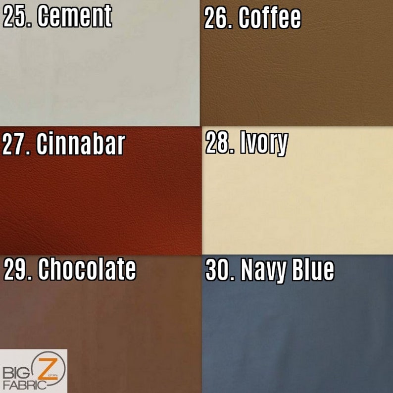 May include: A close-up of six fabric swatches in different colors. The swatches are labeled with numbers and names, including Cement, Coffee, Cinnabar, Ivory, Chocolate, and Navy Blue.
