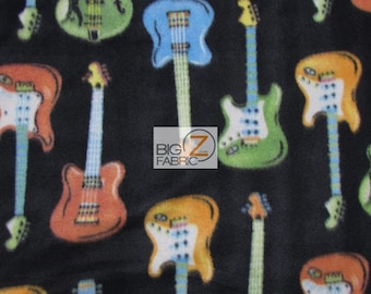 Guitar Print Polar Fleece Fabric - Guitars All-Over Black - 60" Width Sold By The Yard (CRF)