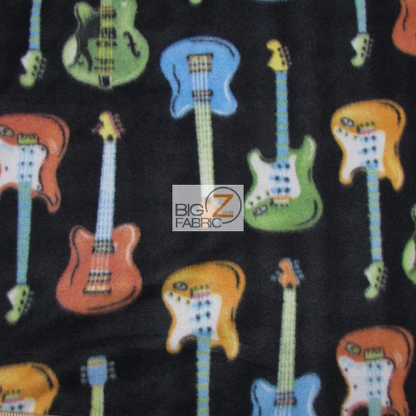 Guitar Print Polar Fleece Fabric - Guitares All-Over Black - 60" Width Sold per yard (CRF)