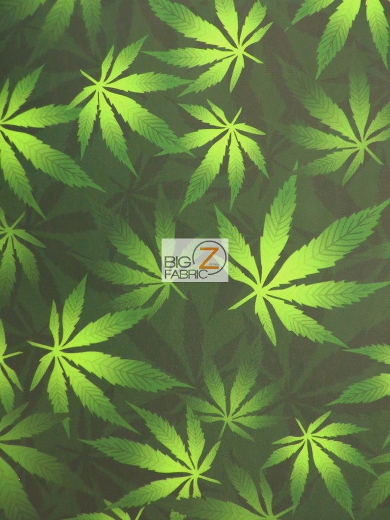 Puede incluir: Tela verde con un patr&oacute;n repetido de hojas de marihuana. Las hojas son de color verde claro con un contorno verde oscuro.