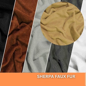 May include: Five fabric swatches of faux sherpa fur in different colors: brown, beige, gray, charcoal, and white. The text "SHERPA FAUX FUR" is printed below the swatches.