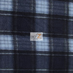 May include: Blue and white plaid fleece fabric. The fabric has a soft, fuzzy texture.  BIG Z FABRIC is printed on the fabric.