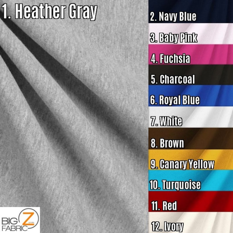 May include: A close-up of a heather gray fabric swatch. The image shows 12 different fabric swatches in various colors, including navy blue, baby pink, fuchsia, charcoal, royal blue, white, brown, canary yellow, turquoise, red, and ivory.