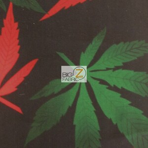 Puede incluir: Tela negra con un patr&oacute;n repetido de hojas de marihuana rojas y verdes. La tela tiene una textura sutil. El texto "BIG Z FABRIC" es visible en el centro de la imagen.