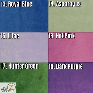 K&ouml;nnte beinhalten: Eine Farbkarte mit sechs Stoffmustern in verschiedenen Farbt&ouml;nen. Die Farben sind Royalblau, Spargel, Flieder, Pink, J&auml;gergr&uuml;n und Dunkelviolett. Der Text "BIG Z FABRIC" befindet sich unten links.