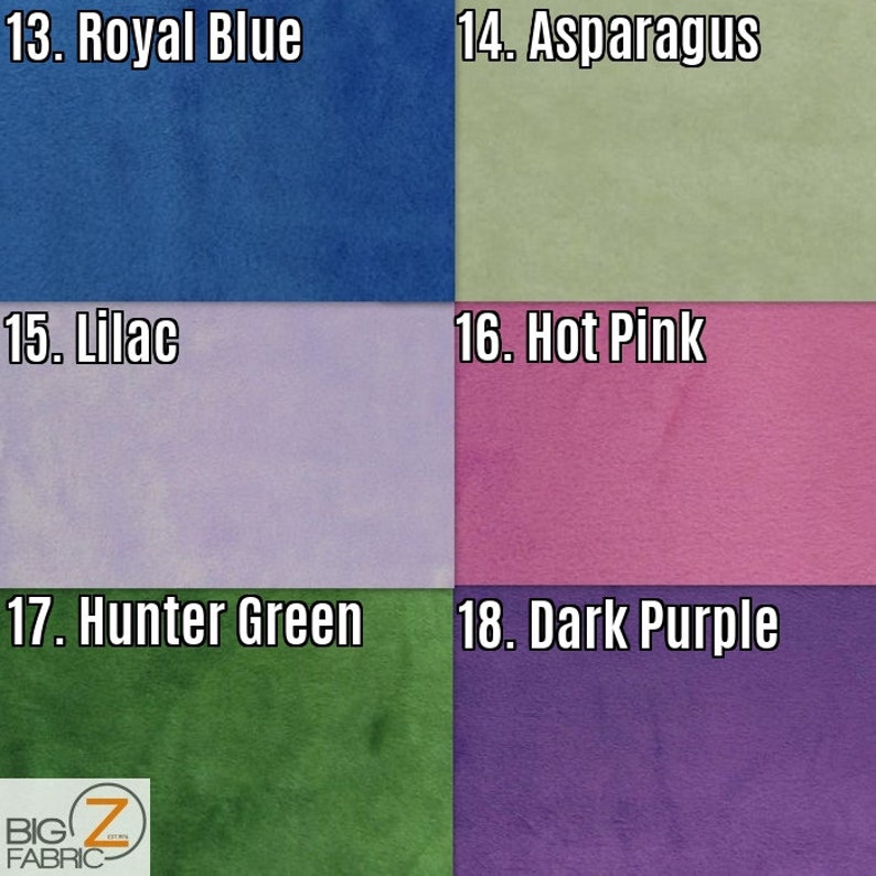K&ouml;nnte beinhalten: Eine Farbkarte mit sechs Stoffmustern in verschiedenen Farbt&ouml;nen. Die Farben sind Royalblau, Spargel, Flieder, Pink, J&auml;gergr&uuml;n und Dunkelviolett. Der Text "BIG Z FABRIC" befindet sich unten links.