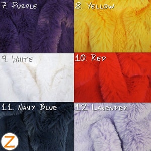 May include: A close-up of four rows of faux fur fabric swatches in different colors. The swatches are labeled with numbers and color names: 7. Purple, 8. Yellow, 9. White, 10. Red, 11. Navy Blue, and 12. Lavender.